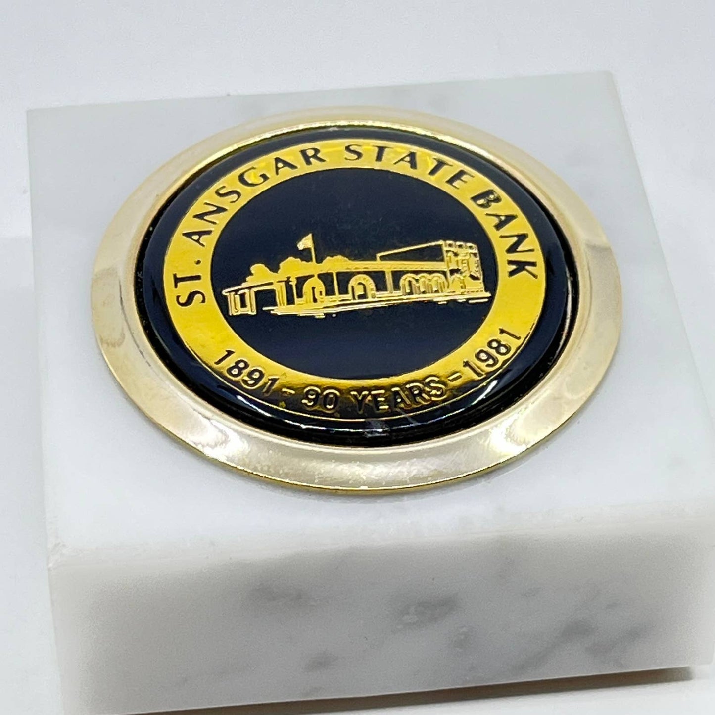 1981 St. Ansgar State Bank Iowa 90th Anniversary Marble Paperweight SD3