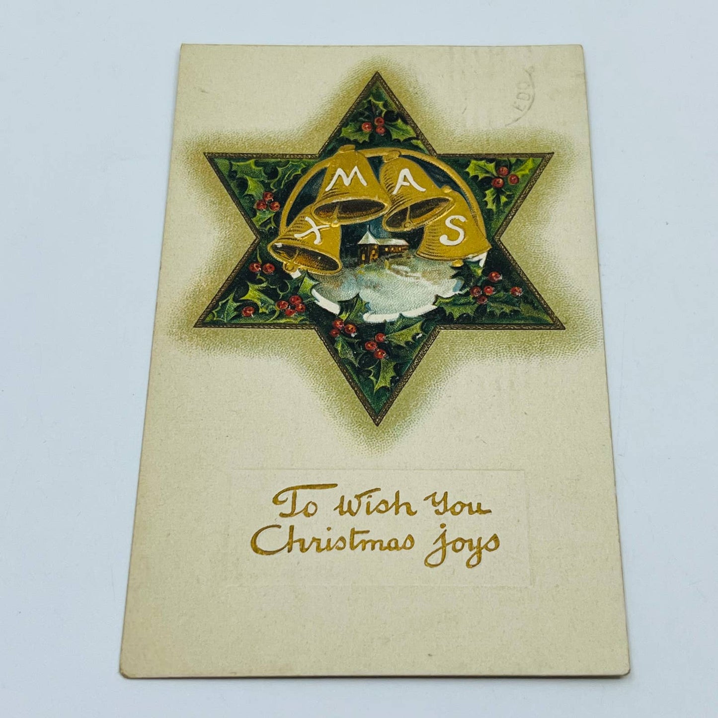 1910s Christmas Post Card Embossed Bells 6 Point Star Holly Church Snow PA4