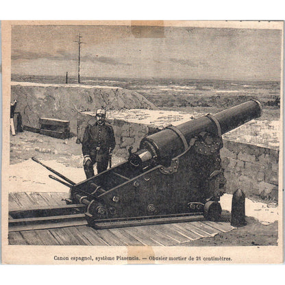 1880s French Wood Engraving Spanish cannon Plasencia system howitzer 5x6" TJ1-1