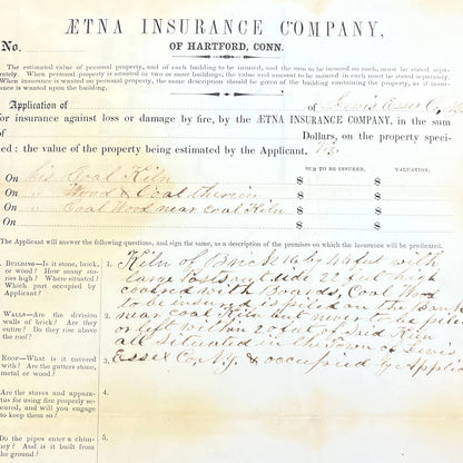 1850s Ætna Aetna Insurance Policy for Coal Kiln Hartford Conn AC2