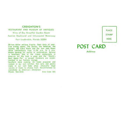 Vintage Postcard Creighton's Restaurant and Museum Dining Room Ft Lauderdale AD9