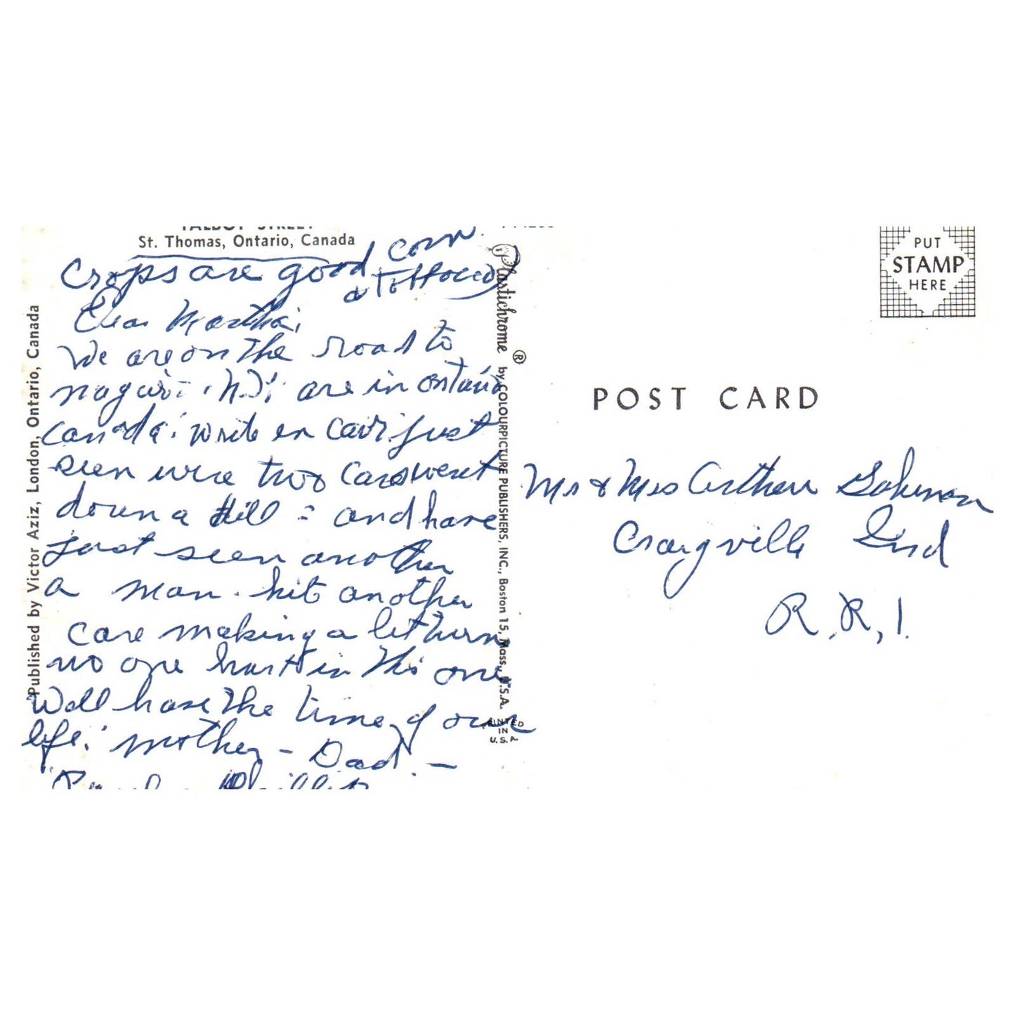 Vintage Postcard - Talbot Street St. Thomas Ontario Canada AD9