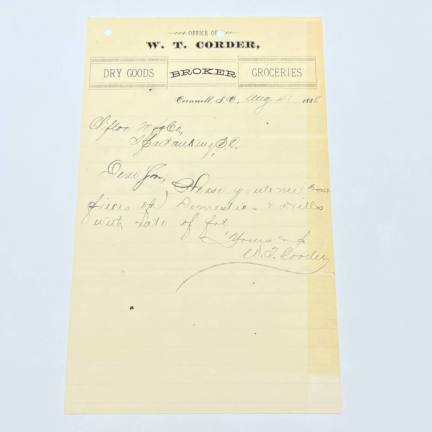 1888 W.T. Corder Groceries Dry Goods Letterhead Cornwall SC AB9