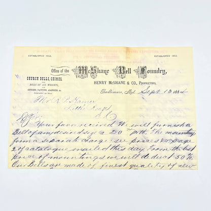 1882 Letter Henry McShane Bell Foundry MD to Robert P Hamer Little Rock SC AC2