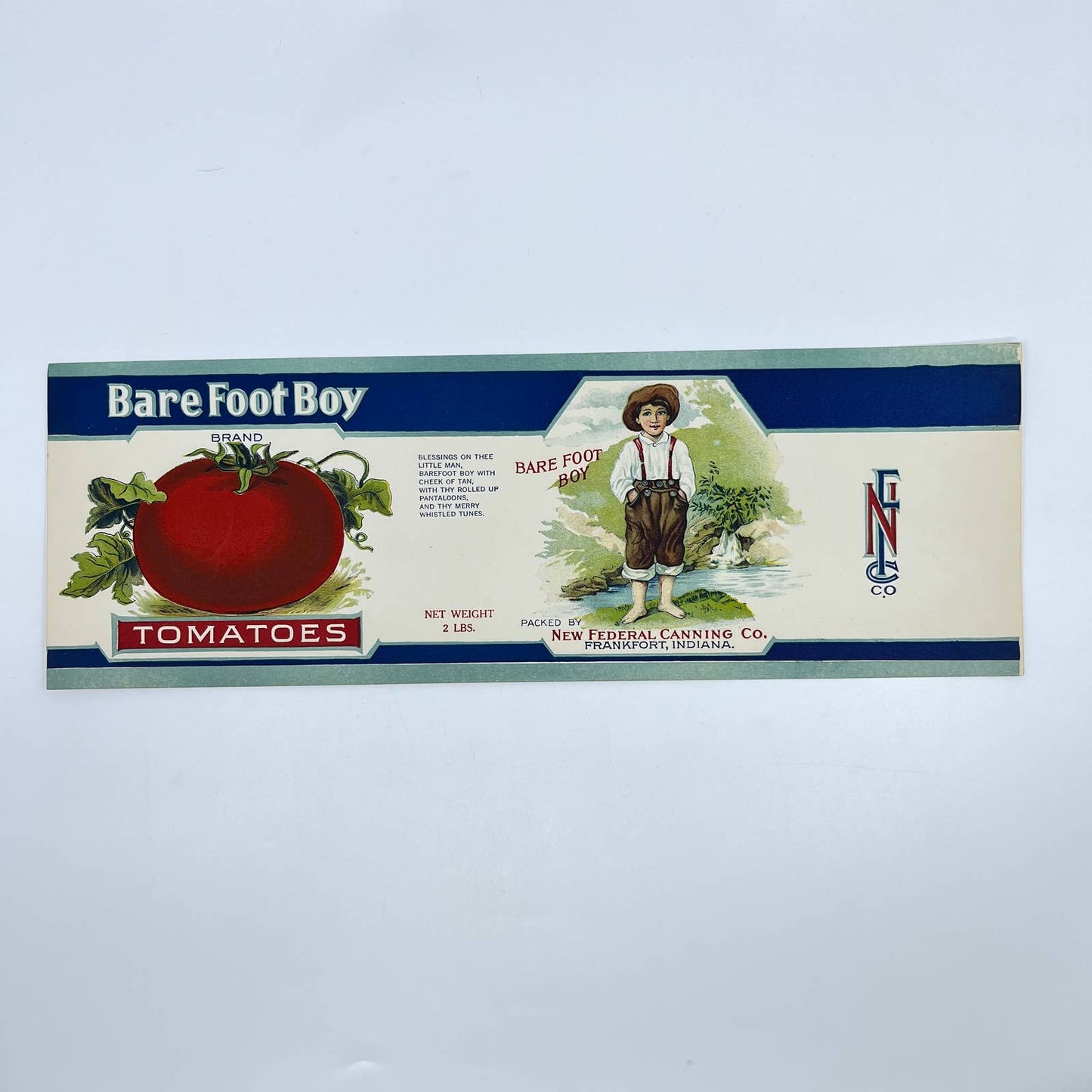 1920s Barefoot Boy Canned Tomatoes Label Federal Canning Frankfort IN FL3