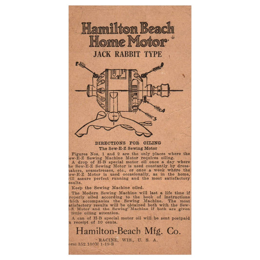 1919 Hamilton Beach Home Motor Jack Rabbit Type Instruction Card SF3-5