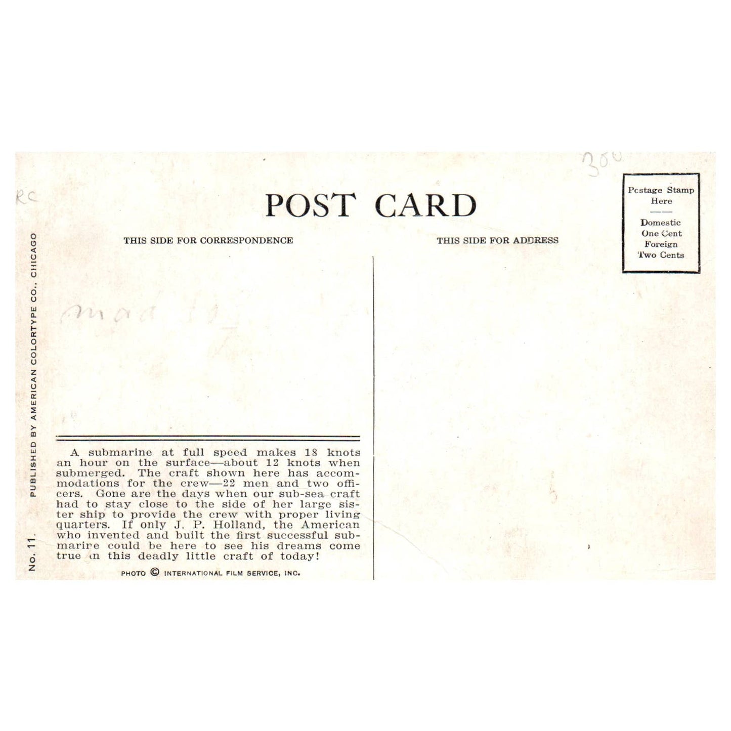 US Submarine at Full Speed Ahead - Original Postcard TJ8-5