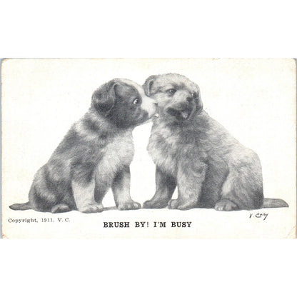 c1910 Comic Postcard V Colby Black And White Dogs Puppies Brush By! I'm Busy EA3