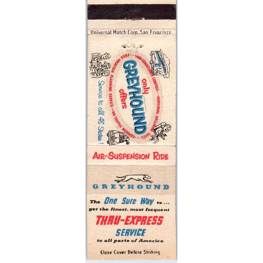 Greyhound Bus Thru-Express Service 1950s Advertising Matchbook Cover MM9-2