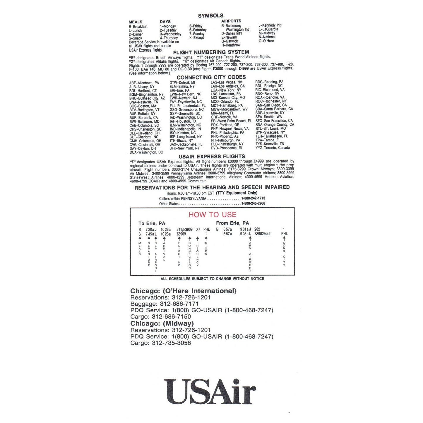 1991 US Air Airline City Timetable Chicago O'Hare and Midway SE4