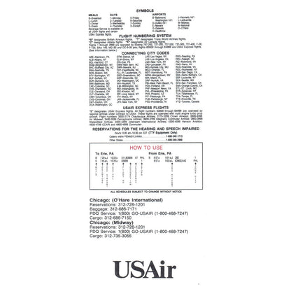 1991 US Air Airline City Timetable Chicago O'Hare and Midway SE4