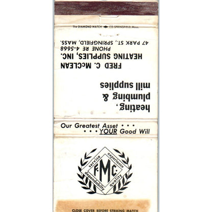 Fred C. McClean Heating Supplies Springfield MA Advertising Matchbook SA1-M7