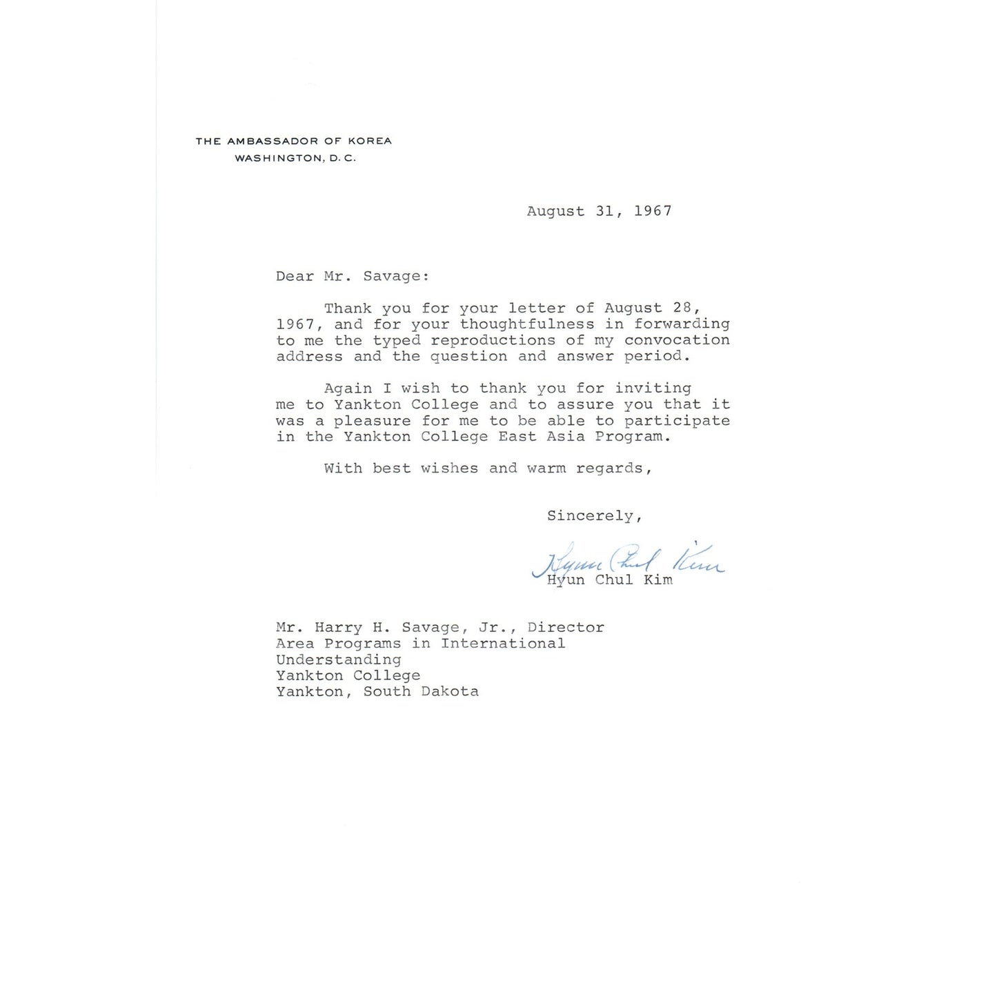 Korean Ambassador to the US Letterhead Memo Hyun Chul Kim 8/31/67 B14