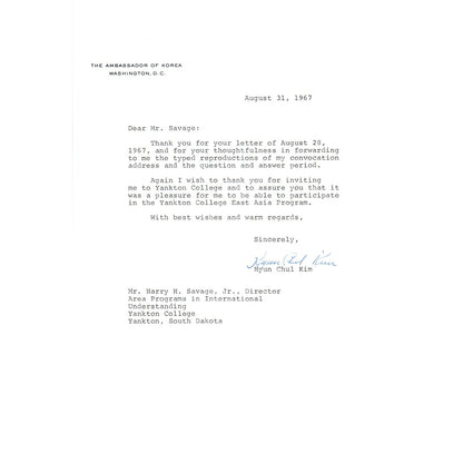 Korean Ambassador to the US Letterhead Memo Hyun Chul Kim 8/31/67 B14