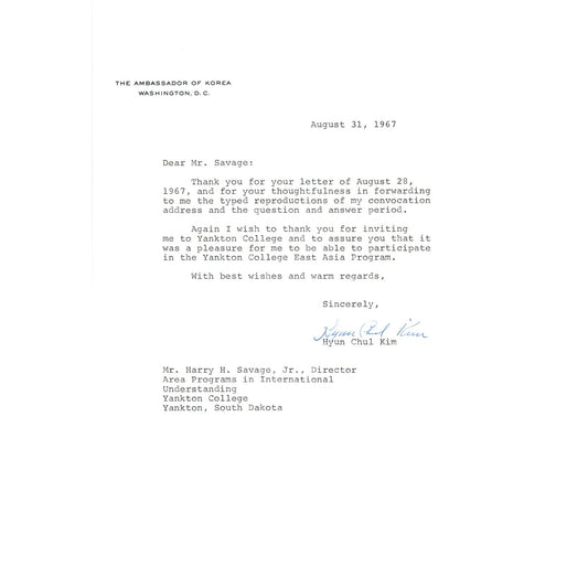 Korean Ambassador to the US Letterhead Memo Hyun Chul Kim 8/31/67 B14
