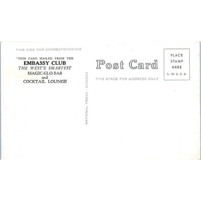 The Embassy Club Cocktail Lounge Interior Denver Colorado Original Postcard TK1-29