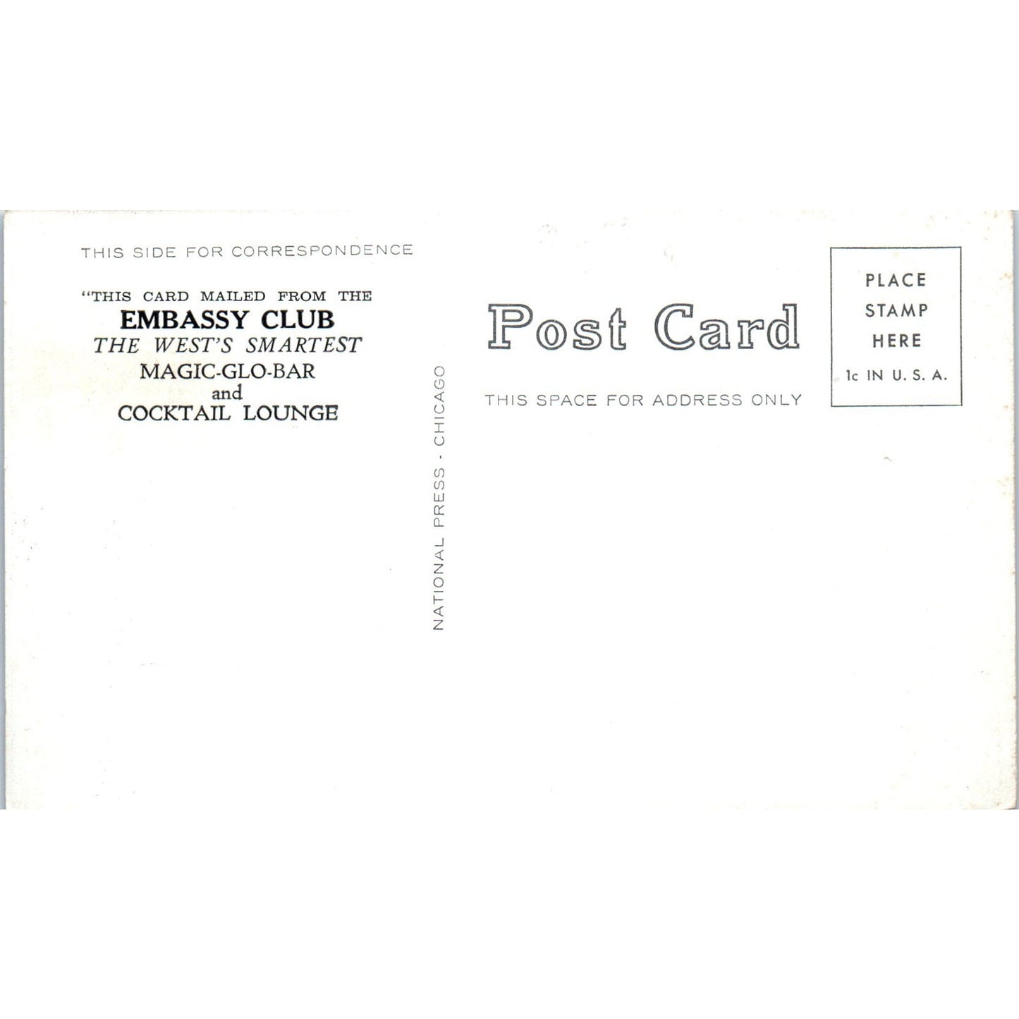 The Embassy Club Cocktail Lounge Interior Denver CO Original Postcard P1-11