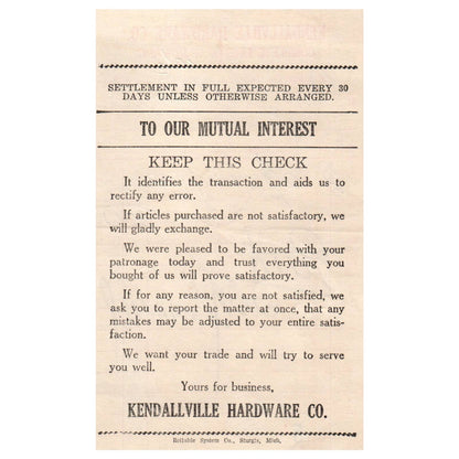 Antique Kendallville Hardware Co. Letterhead Receipt Campbell Banta Indiana AD8