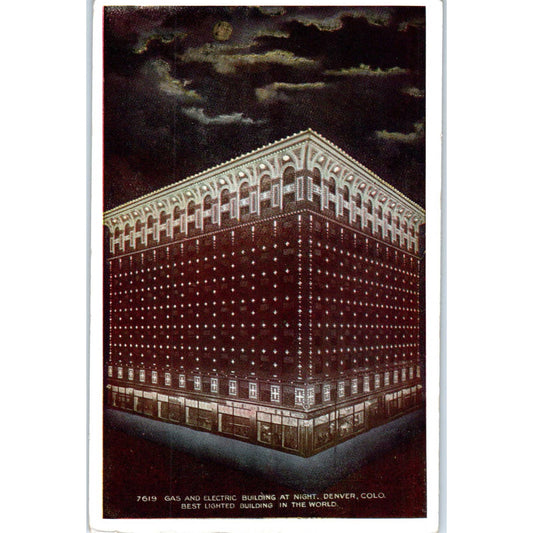 Gas and Electric Building at Night Denver Colorado Original Postcard TK1-29