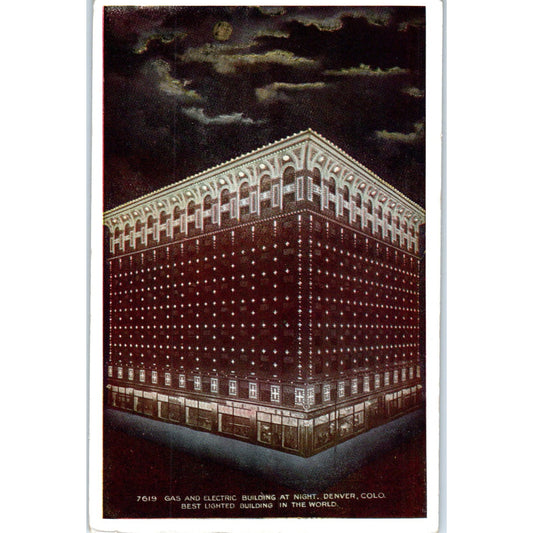 Gas and Electric Building at Night Denver Colorado Original Postcard P1-11