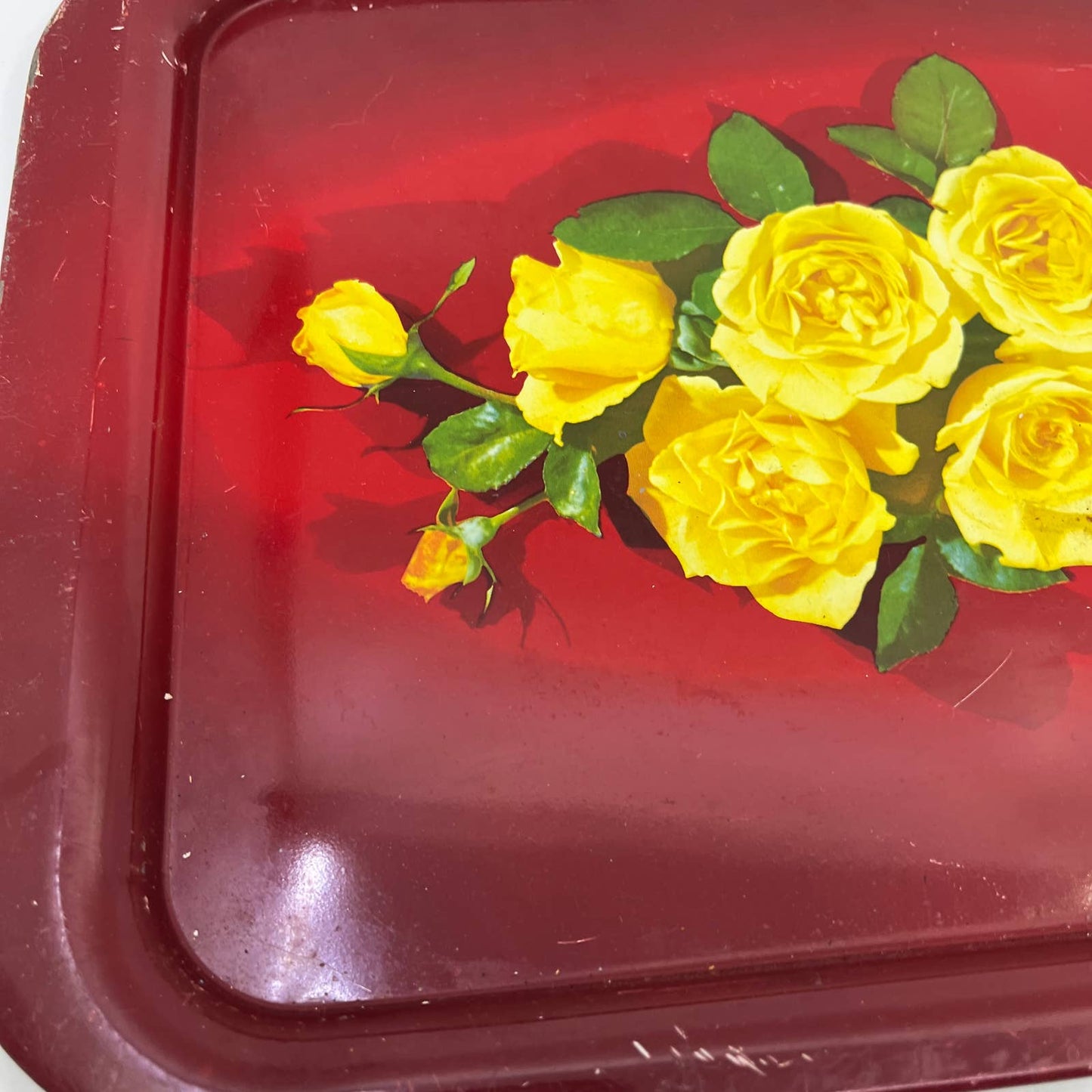 Vintage Toleware Red Metal Tray Yellow Rose Flowers 11x14" Set Of 3 TI4