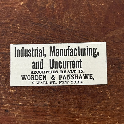 Industrial Securities Worden & Fanshawe Wall St. Original Advertisement AD8-P28
