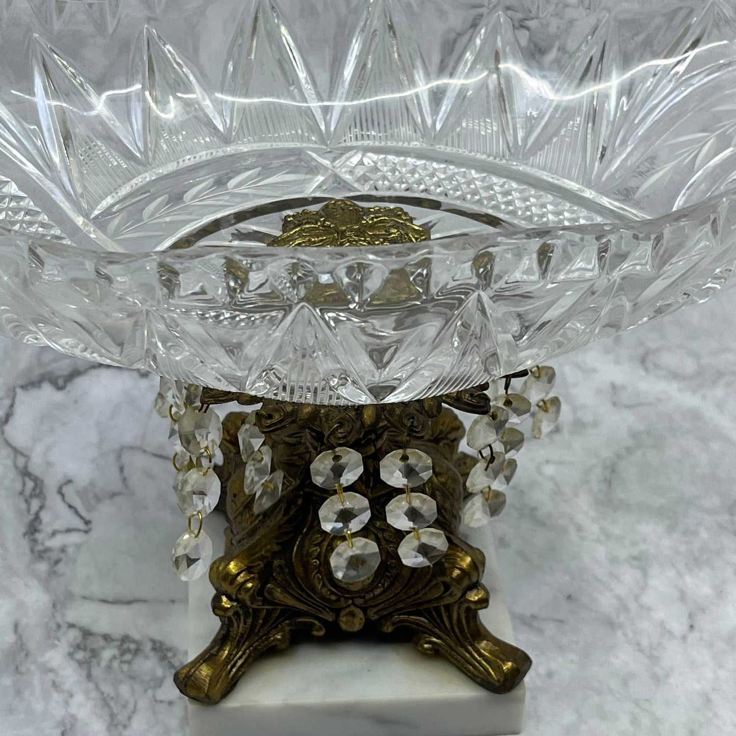 Vtg MCM Hollywood Regency Cut Lead Crystal Oblong Bowl Brass & Marble Stand TE3