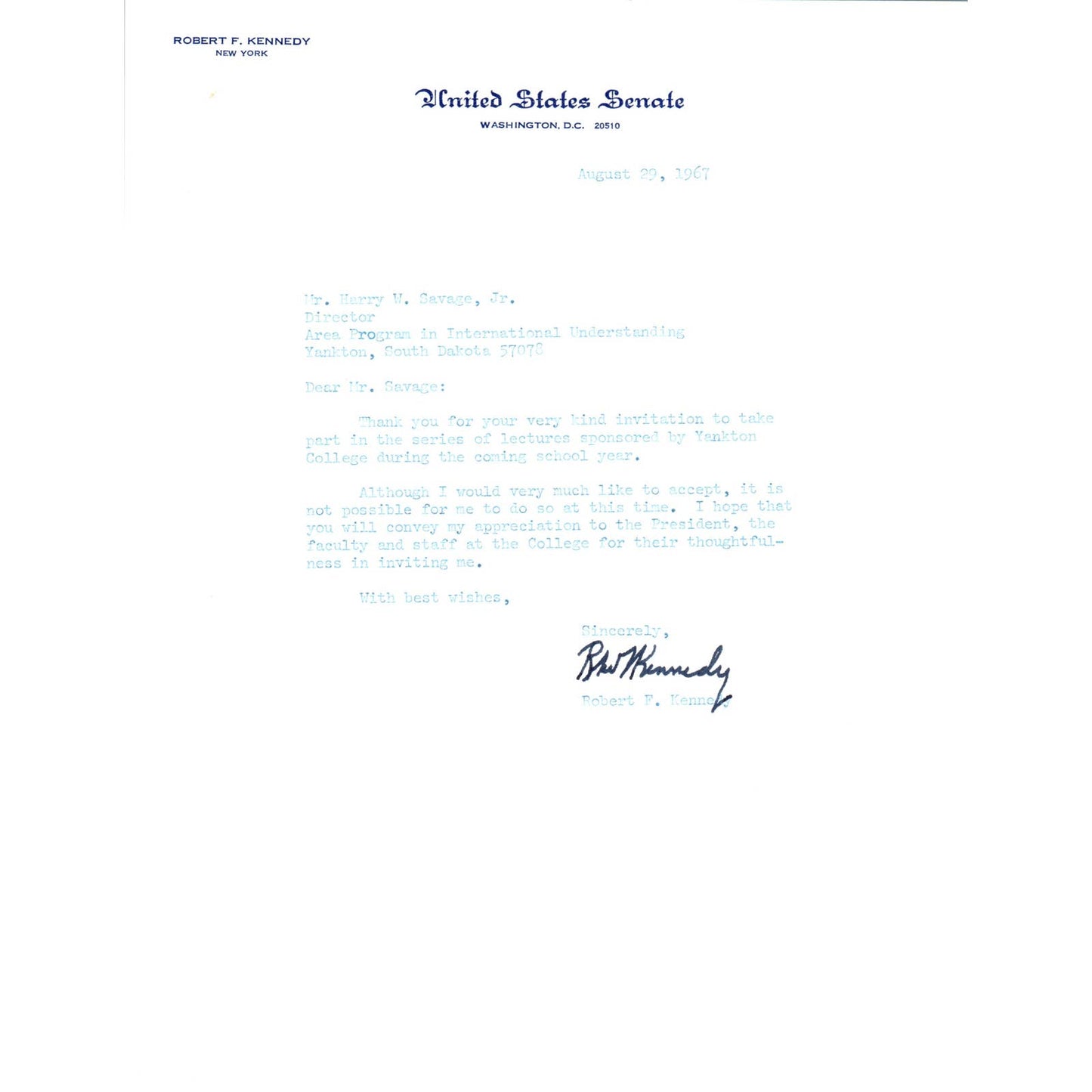 Robert F. Kennedy Signed Letter on United States Senate Stationery 1967 TK1-P6-2
