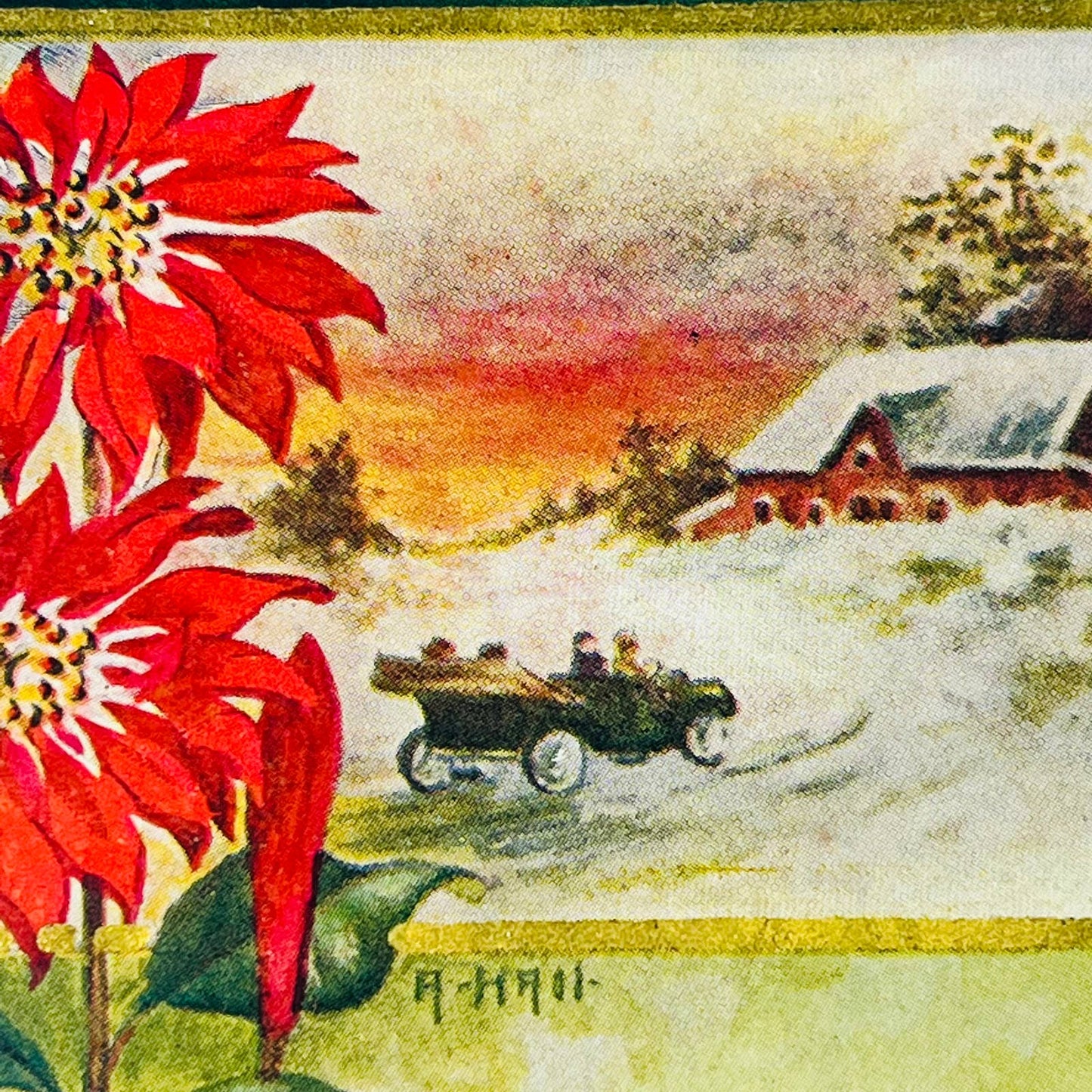 1912 Christmas Post Card Early Automobile Poinsettias Farmhouse Winter PA4