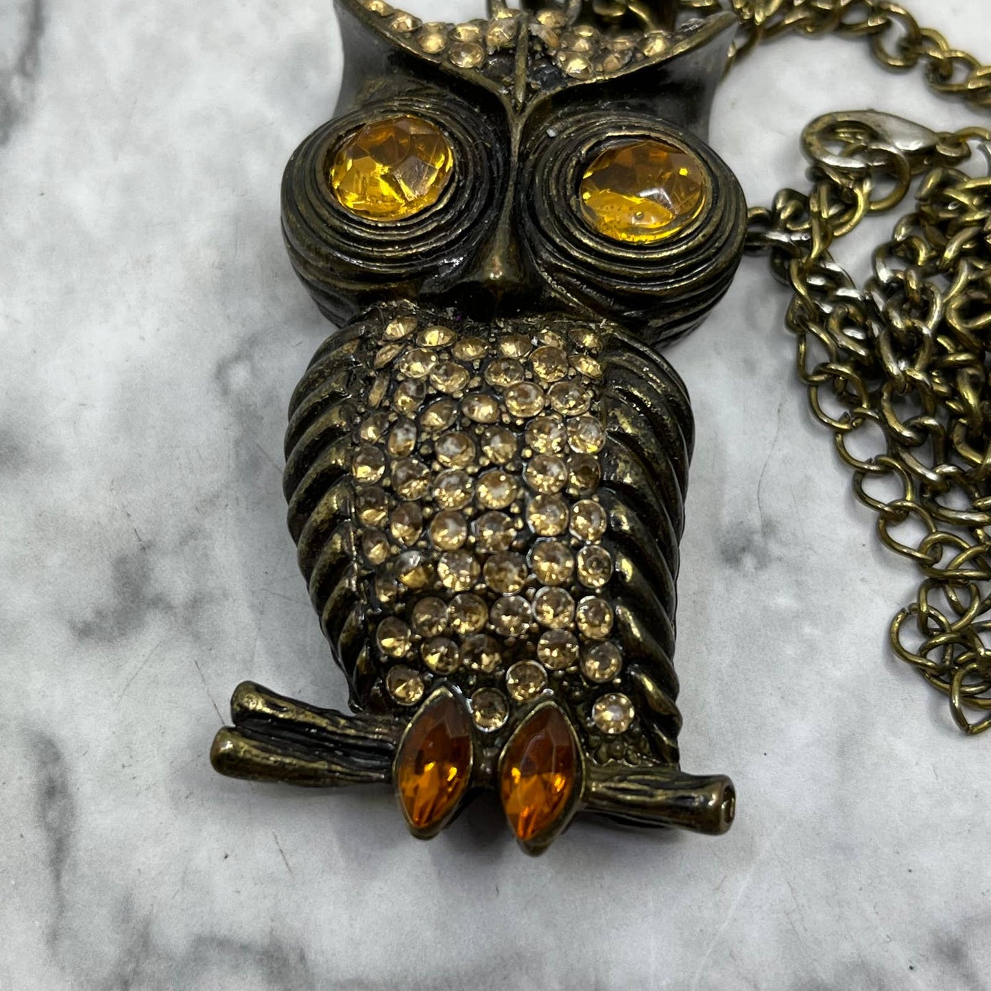 Vintage Charming Rhinestone Owl Pendant Necklace Costume Jewelry TJ9