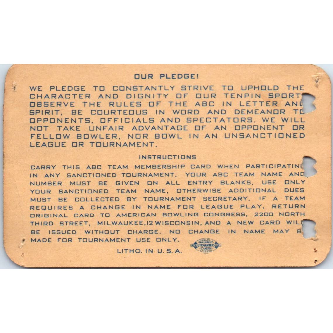 1949 American Bowling Congress Milwaukee Membership Card Eagles 825 SE5-22