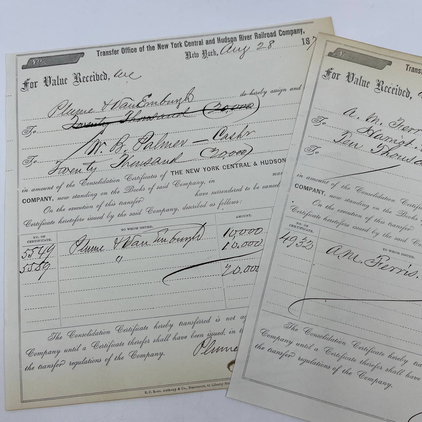 1871 New York Central & Hudson River Railroad Co Transfer Documents Set of 6 AC9