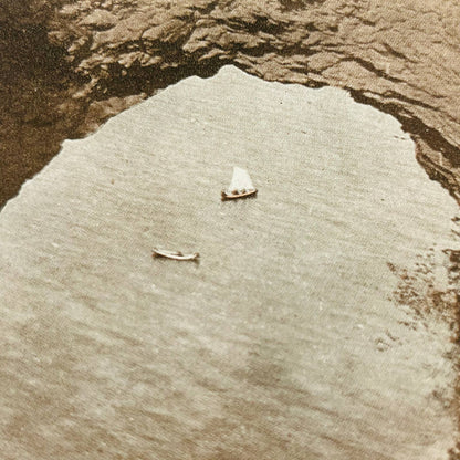 c1900 Stereoview Card Arch Rock Mackinac Island Michigan Sailboat & Canoe