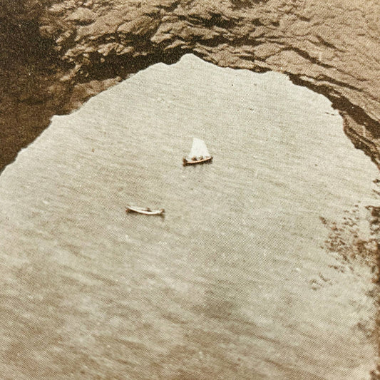 c1900 Stereoview Card Arch Rock Mackinac Island Michigan Sailboat & Canoe