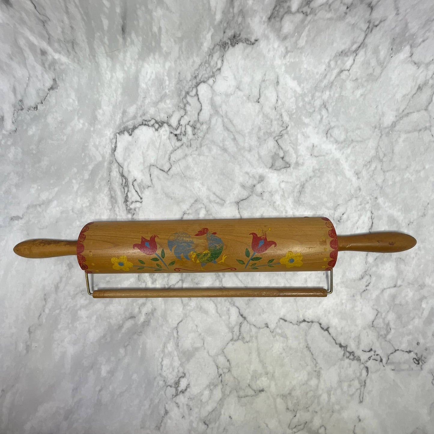 VTG Kitsch Rooster Wood Rolling Pin Kitchen Towel Holder Hand Painted 19" TI7