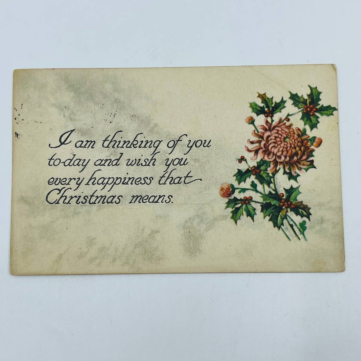 1910s Christmas Post Card WINSCH Back Embossed Pink Flower Floral Holly PA4