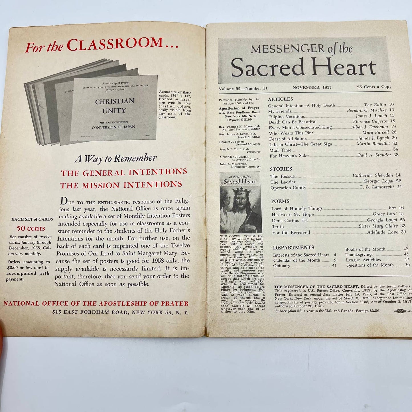 November 1957 Messenger of the Sacred Heart Magazine Christian Catholic TE3