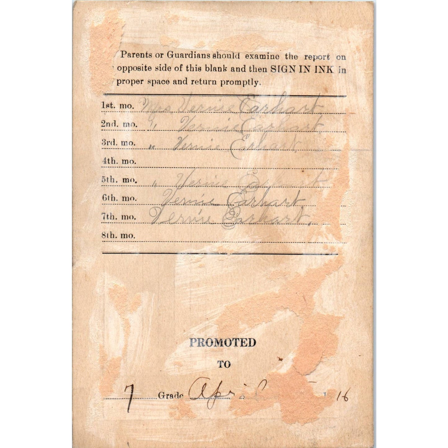 1916 Markle Indiana Public School Report Card Vivian Earhart SF2