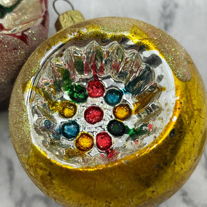Vintage Lot of 2 Recessed Mercury Glass Ornaments Red Gold Mica OT1