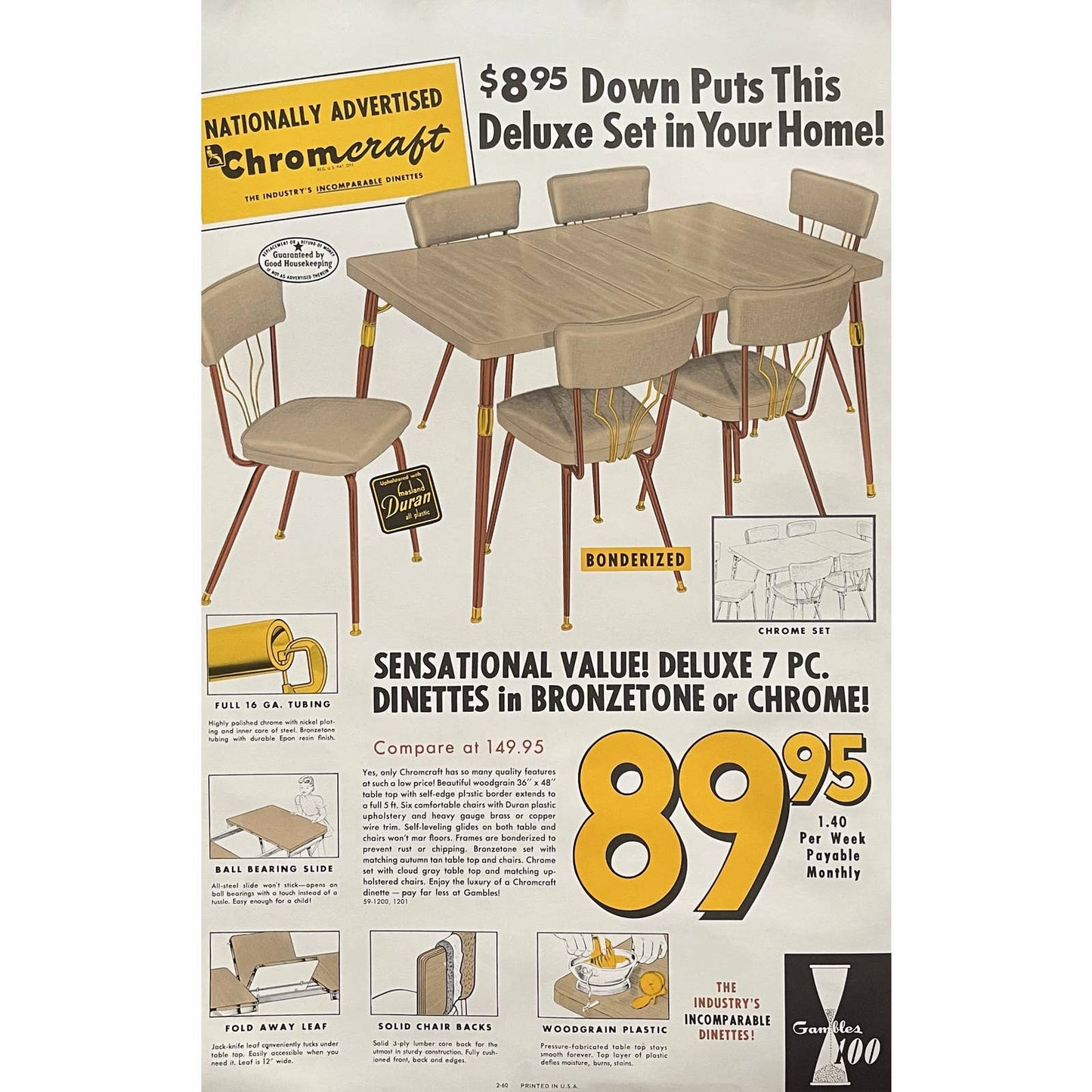 1960 MCM Chromcraft Dinette Gambles 100 Retail Store Advertising Poster 13.5x20