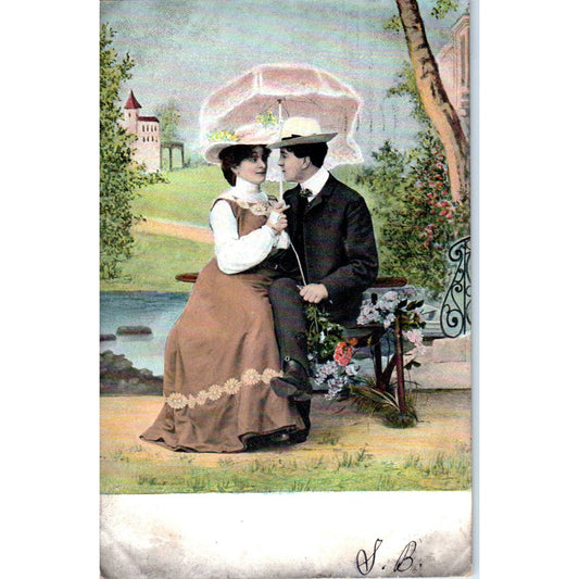 Romance Victorian Couple Courting Lady w Parasol 1906 Original Postcard TK1-21-1