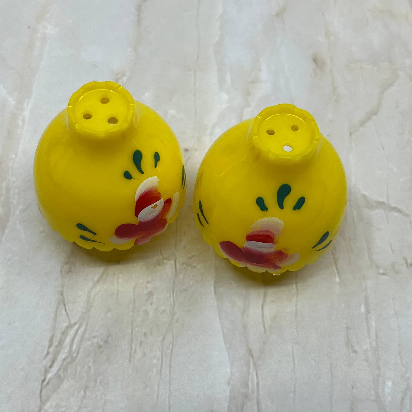Celluloid Yellow Oil Lamp Flower Salt and Pepper Shakers TI7