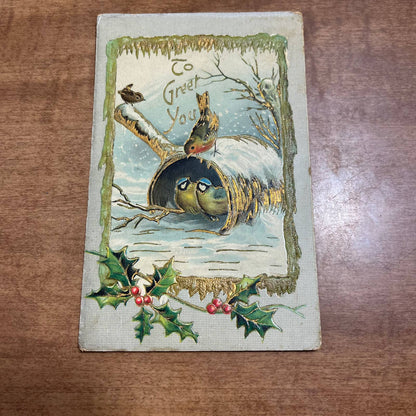 c1910 Embossed Holly Nuthatch Birds Christmas Greetings Postcard Germany PA2