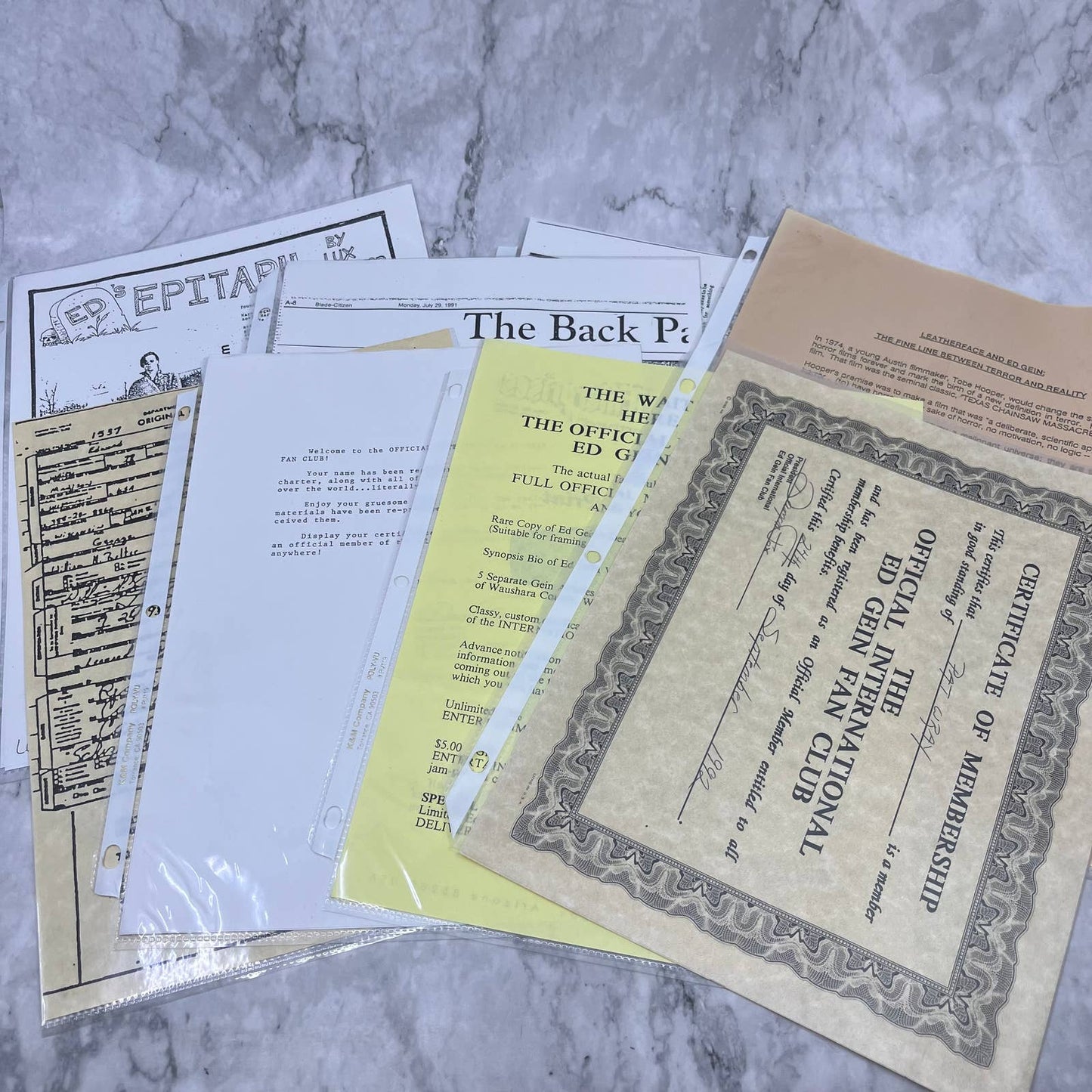 Vintage Ed Gein Fan Club Ephemera Collection FL5