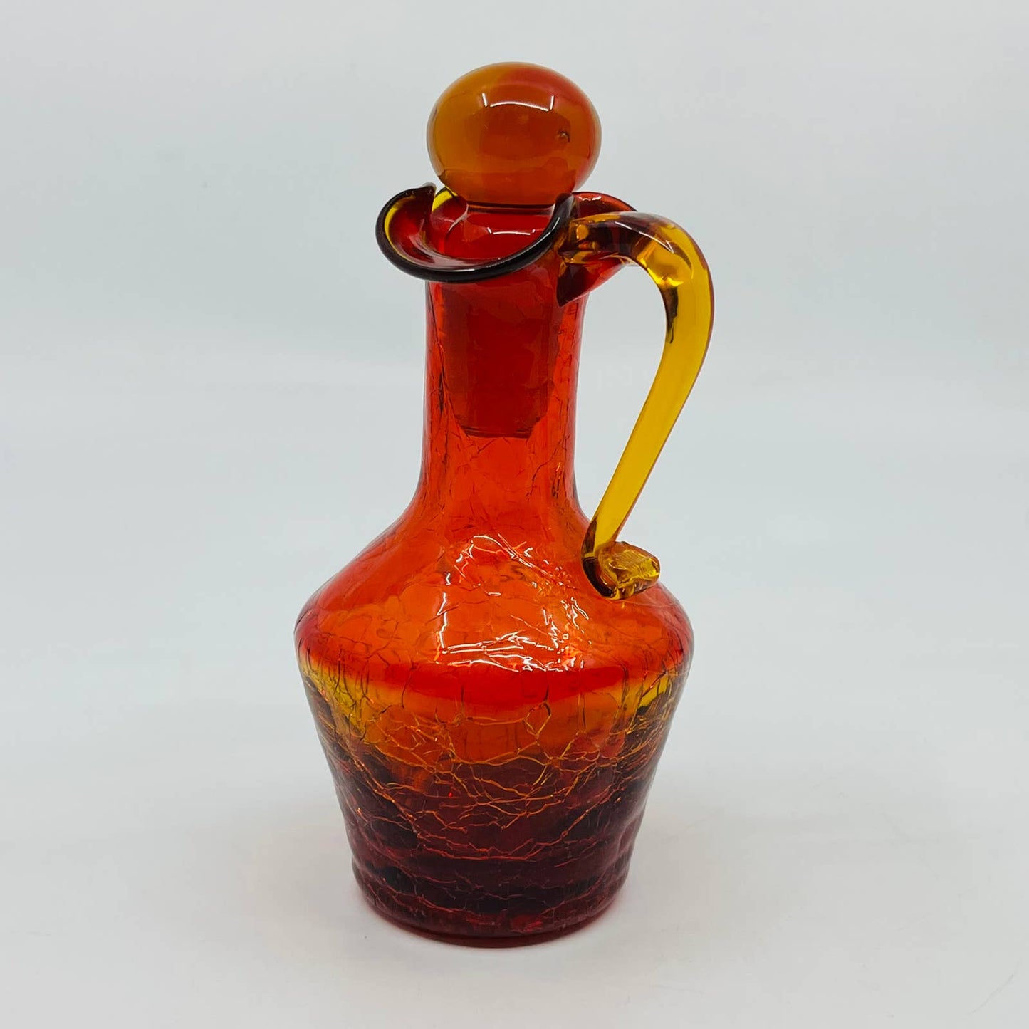 Vintage Pilgrim Crackle Glass Amberina Cruet Pitcher w/ Stopper GLOWS 5.5” TD2