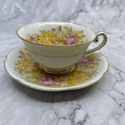 Floral Teacup & Saucer Set Flowers Gold Trim JYOTO Occupied Japan TA1