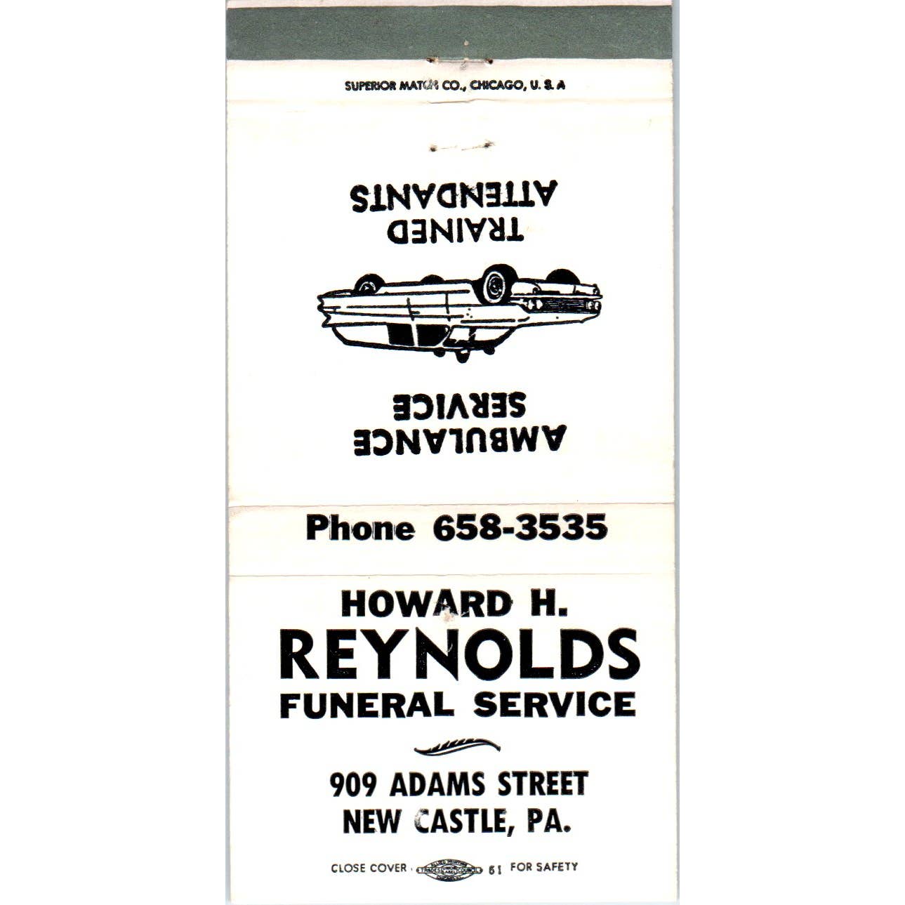 Howard H. Reynolds Funeral Service New Castle Advertising Matchbook Cover SA1-M6