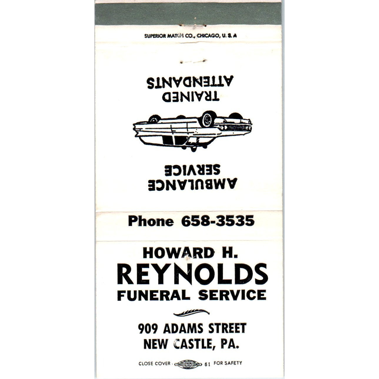 Howard H. Reynolds Funeral Service New Castle Advertising Matchbook Cover MM9-7
