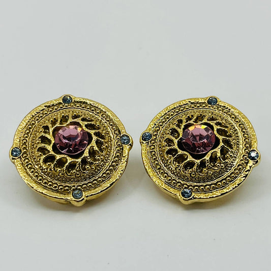 Vintage Baroque Gold Tone Round Ornate Pink & Clear Rhinestone Clip Earrings SB3