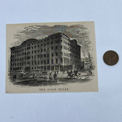 1880s Original Art Engraving The Bible House New York ~3.5x4.5 AC9